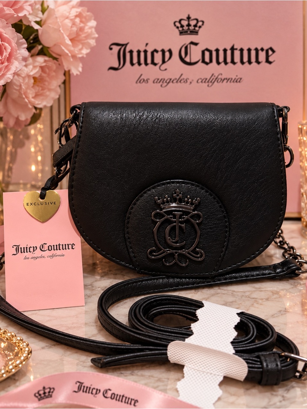 Juicy Couture Black Crossbody Saddle Bag with Crest Emblem NWT